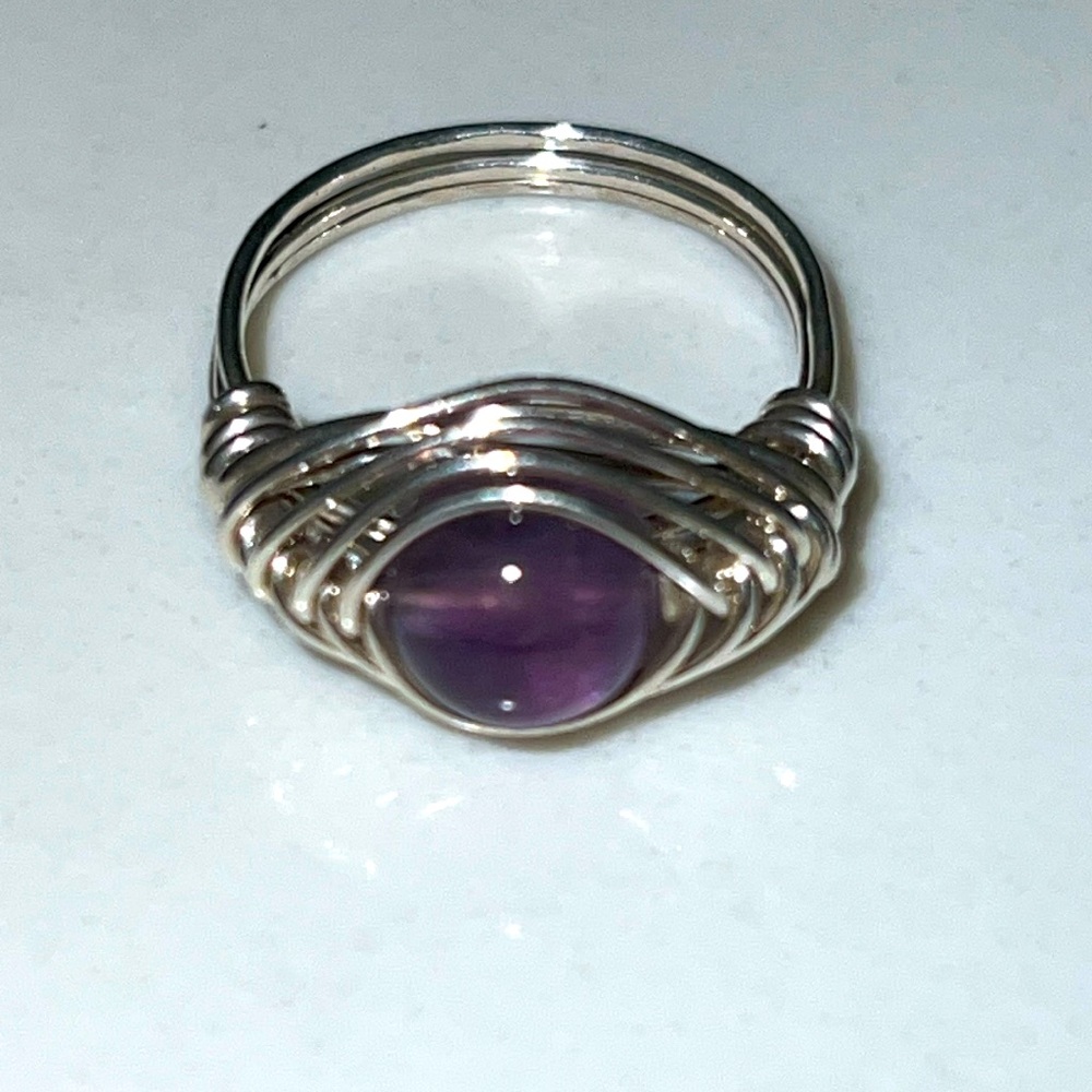 Hand-crafted Artisan Wire Wrapped Ring with Round Amythest Stone SZ 6